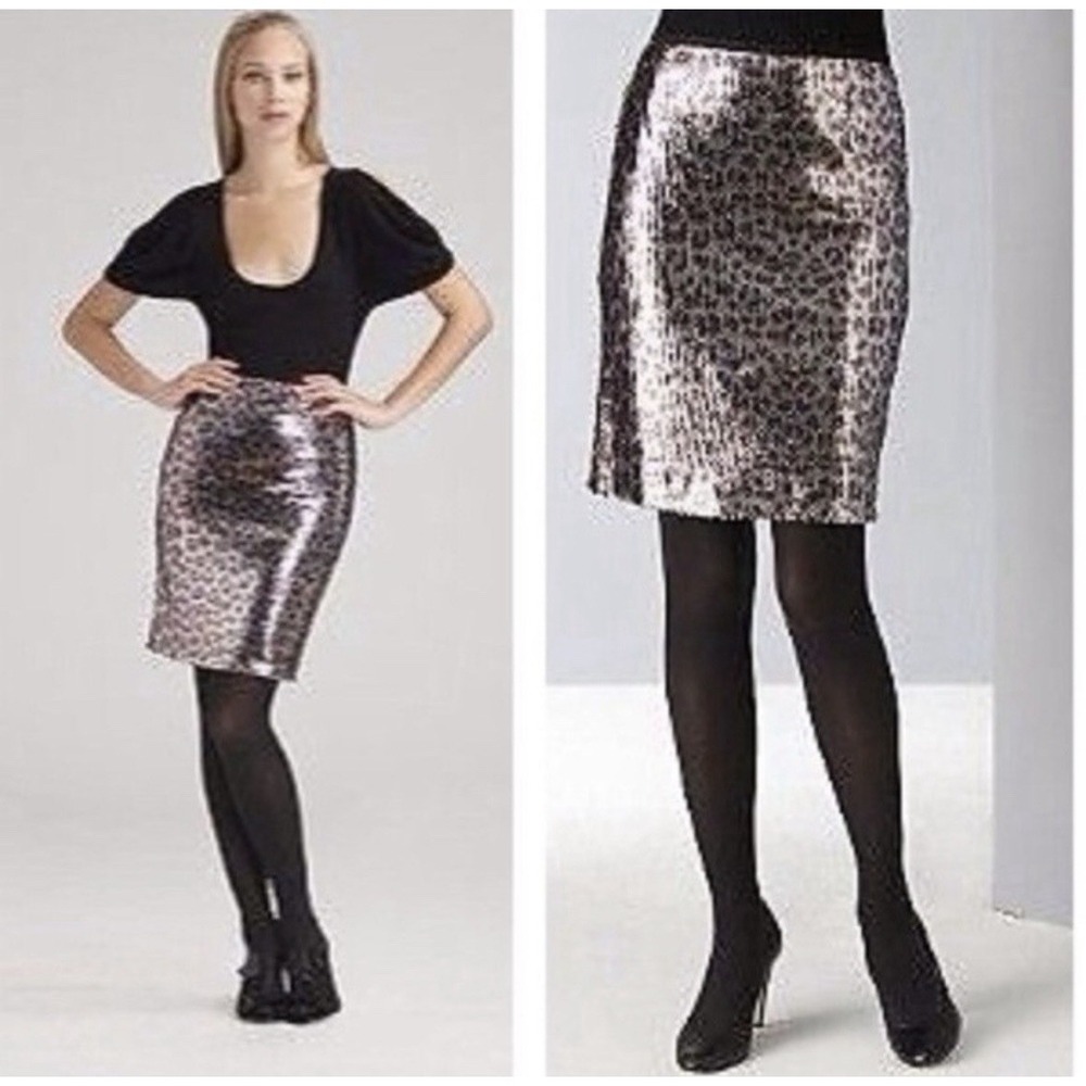 Nanette Lepore Sequin Leopard Pencil Skirt Size 12 Multicolor Cocktail Holiday‎